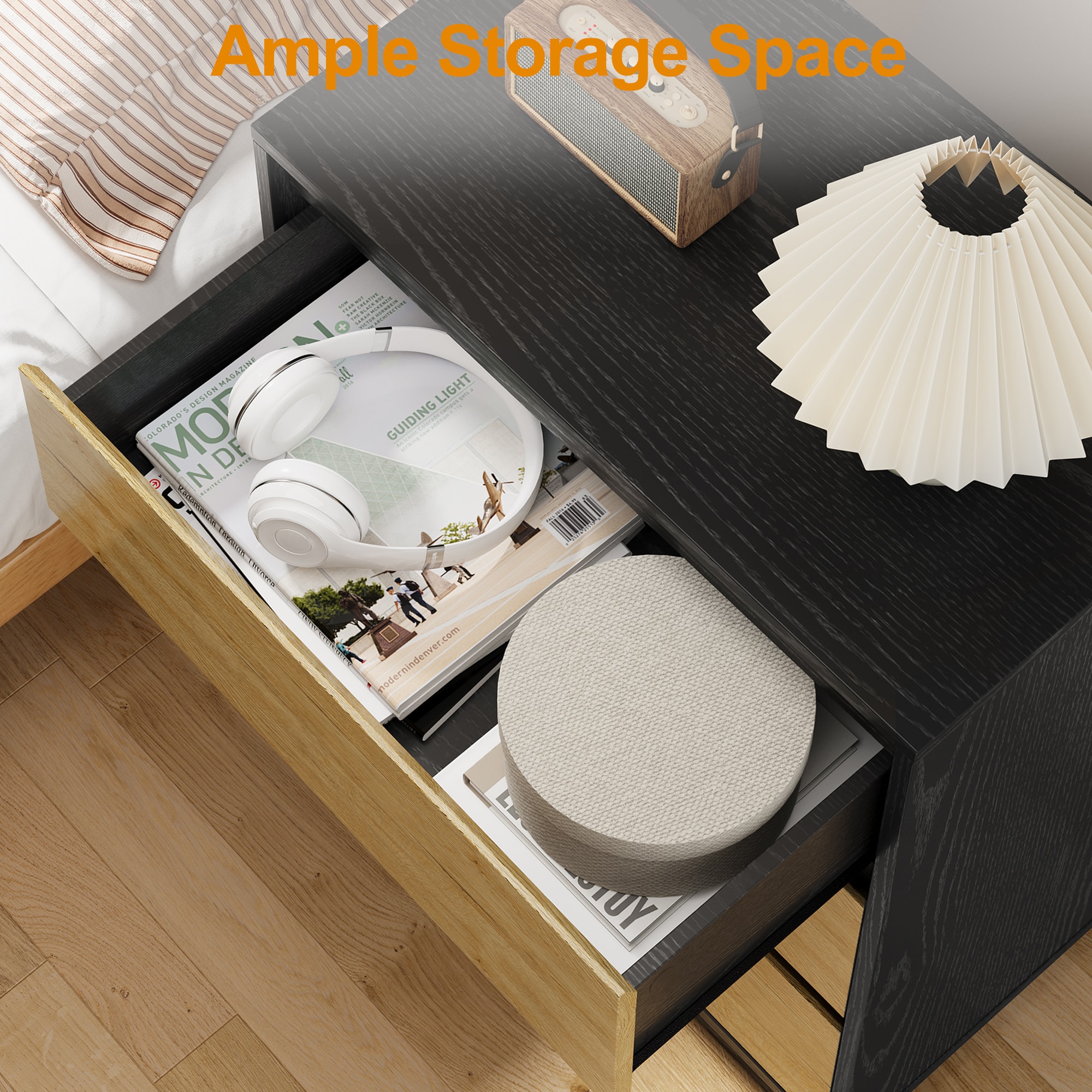 Wide Nightstand With 3 Drawers, Modern Chest Of Drawers For Bedroom, Large End Table With Hidden Pull-out System, Wooden Dresser For Living Room, Closet, Black And Wood_maomaolike.com